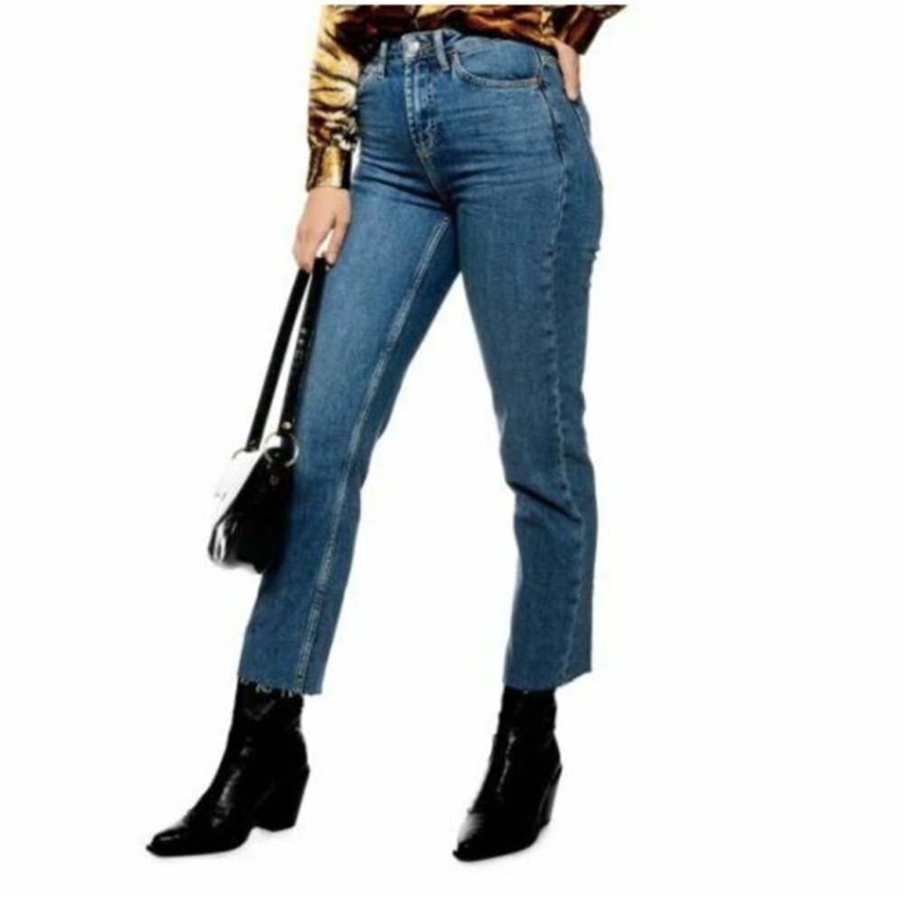 TOPSHOP Jeans High Rise Raw Hem Cropped Straight Leg Blue Denim SZ 28 NEW